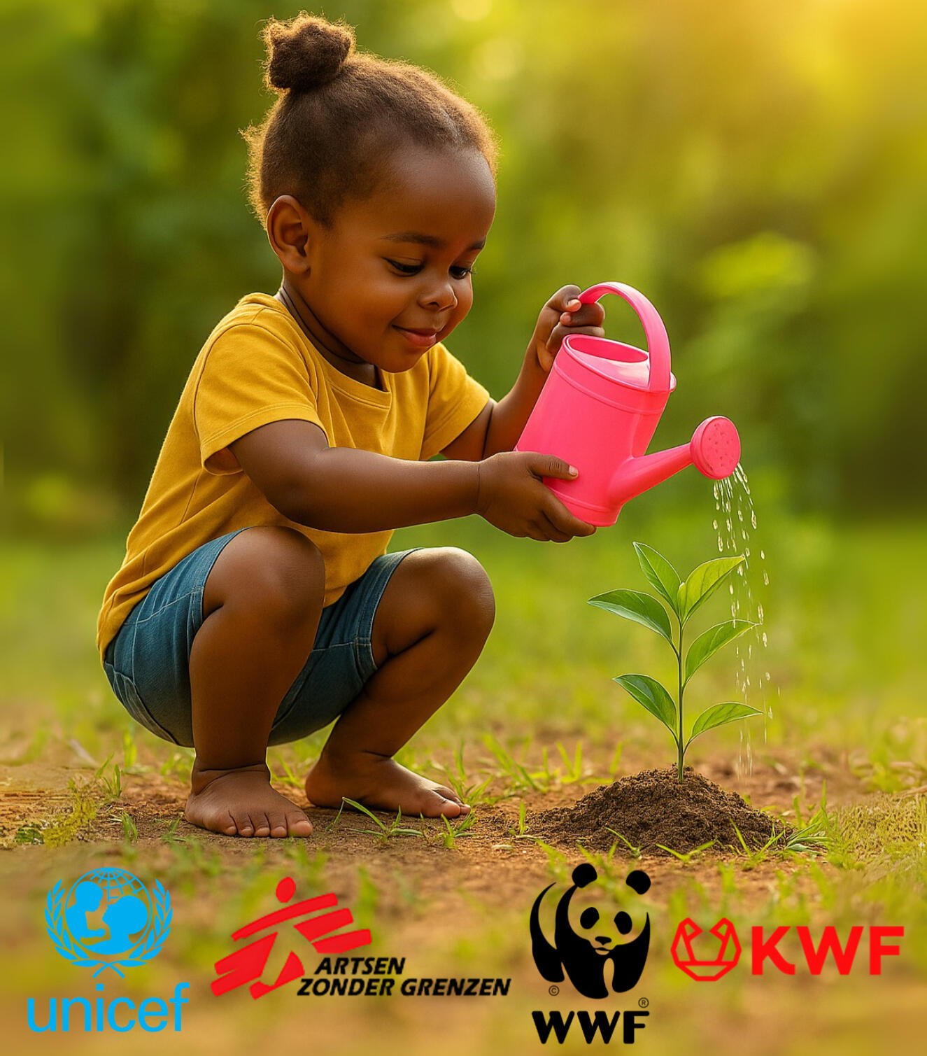 Kindje geeft water aan een jonge plant, symbool voor het steunen van goede doelen met ProjectProof. Doneer aan UNICEF, Artsen zonder Grenzen, Wereld Natuur Fonds of KWF Kankerbestrijding.
