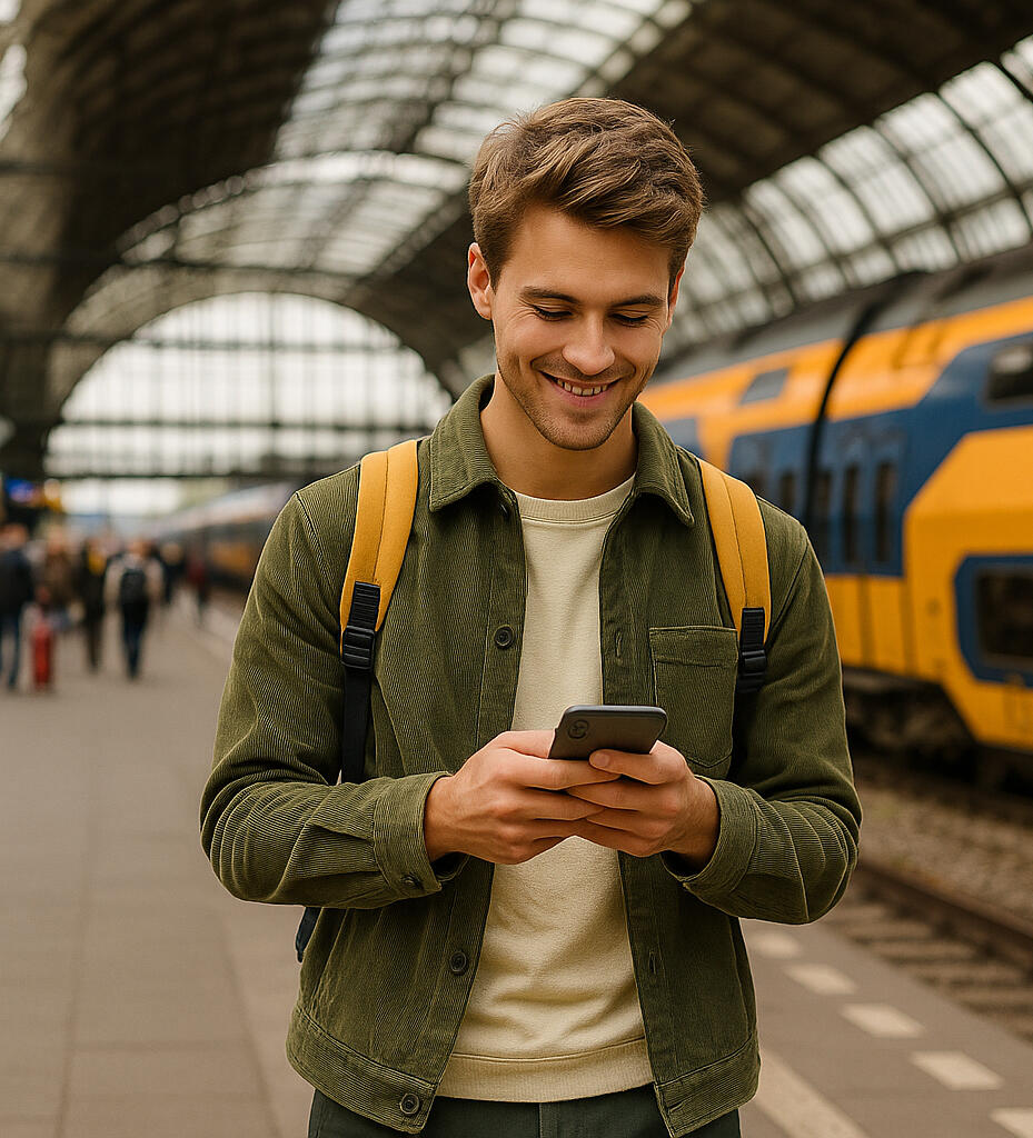 Jonge man met rugzak bekijkt zijn smartphone op het treinstation nadat hij via ProjectProof heeft meegedaan aan een online steekproefonderzoek.